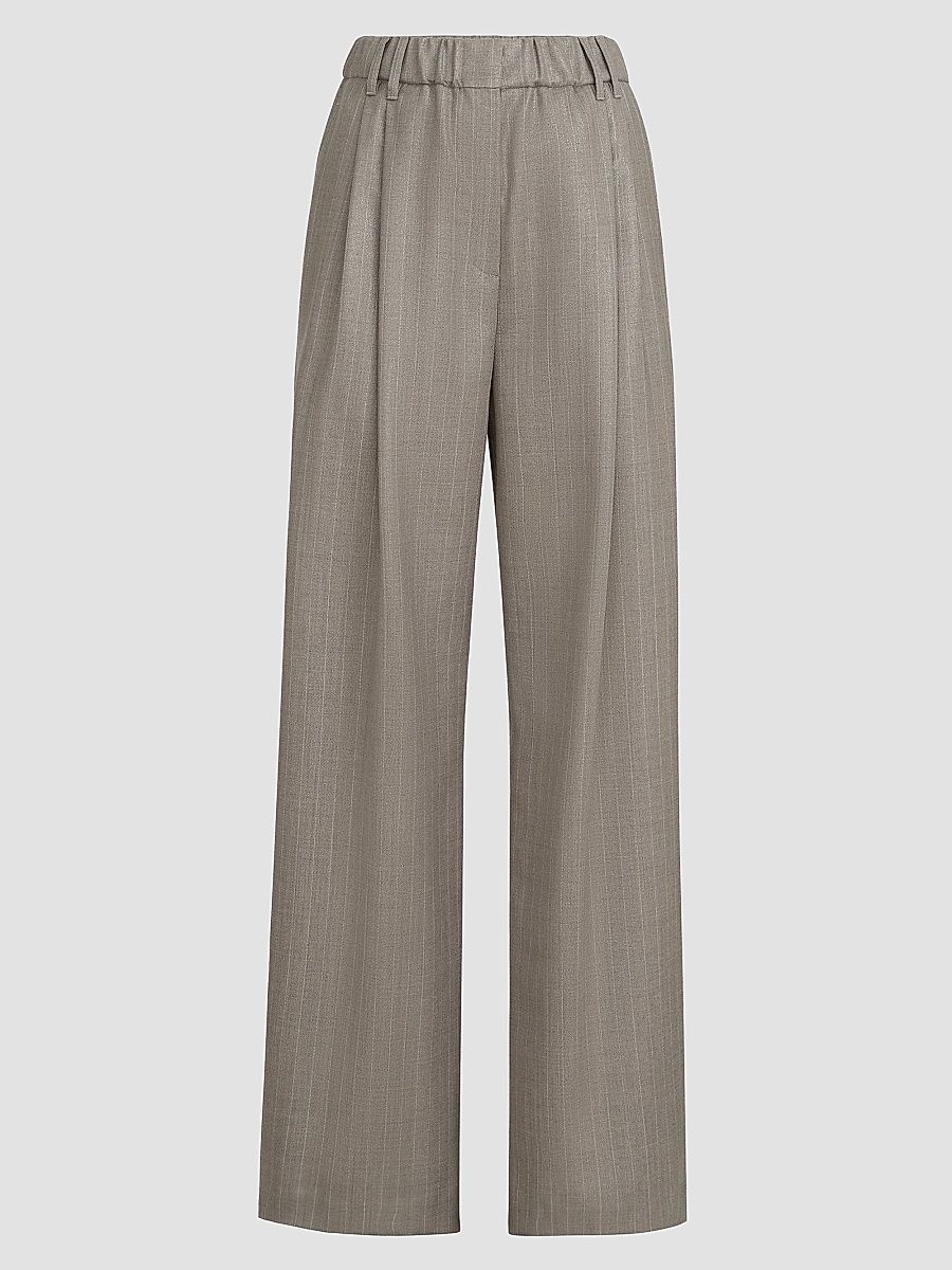 Women's Sparkling Virgin Wool Pinstripe Wide Leg Pants with Monili - Silver - Size 14