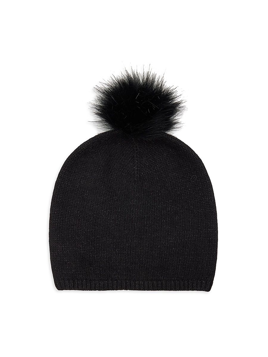 Women's Pom-Pom Metallic Cashmere Slouchy Beanie - Black