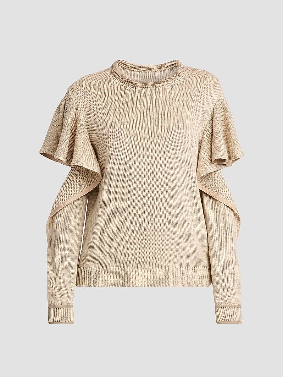 Women's Ruffle Cold Shoulder Knit Sweater - Multi Beige - Size 14