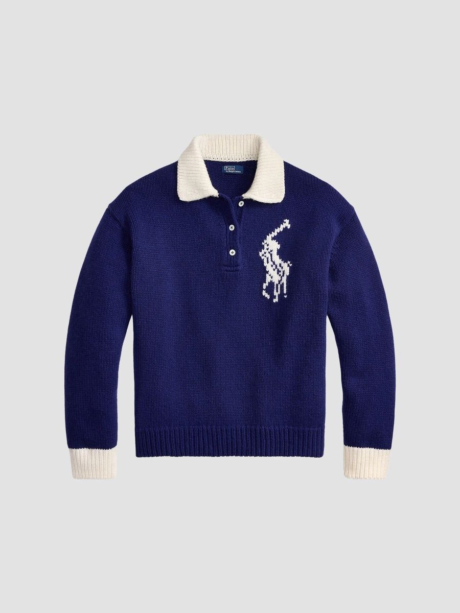 Polo Ralph Lauren Women's Logo Wool Knit Polo Sweater - Royal Cream - Size Large