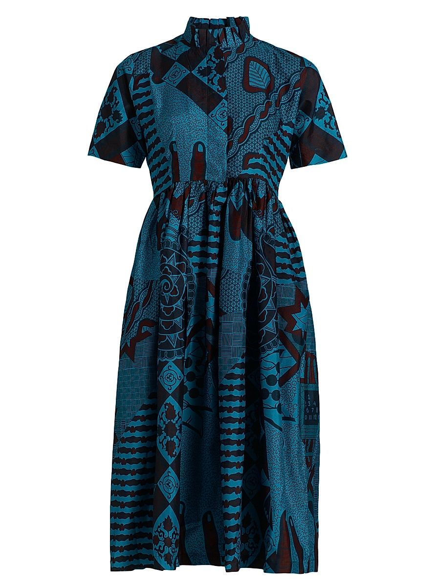 Women's Tobi Pleated Printed Cotton Midi-Dress - Blue - Size XL