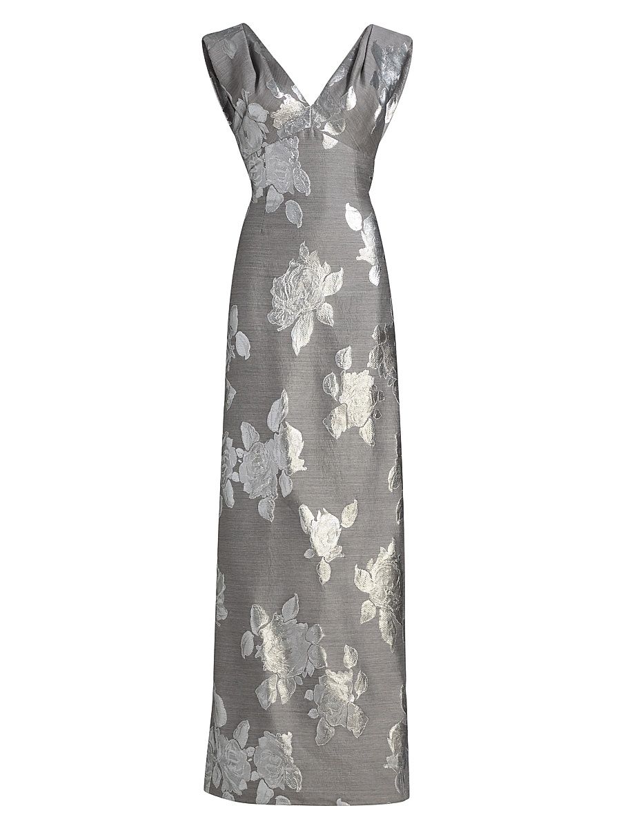 Women's Metallic Floral V-Neck Gown - Silver Grey - Size 12
