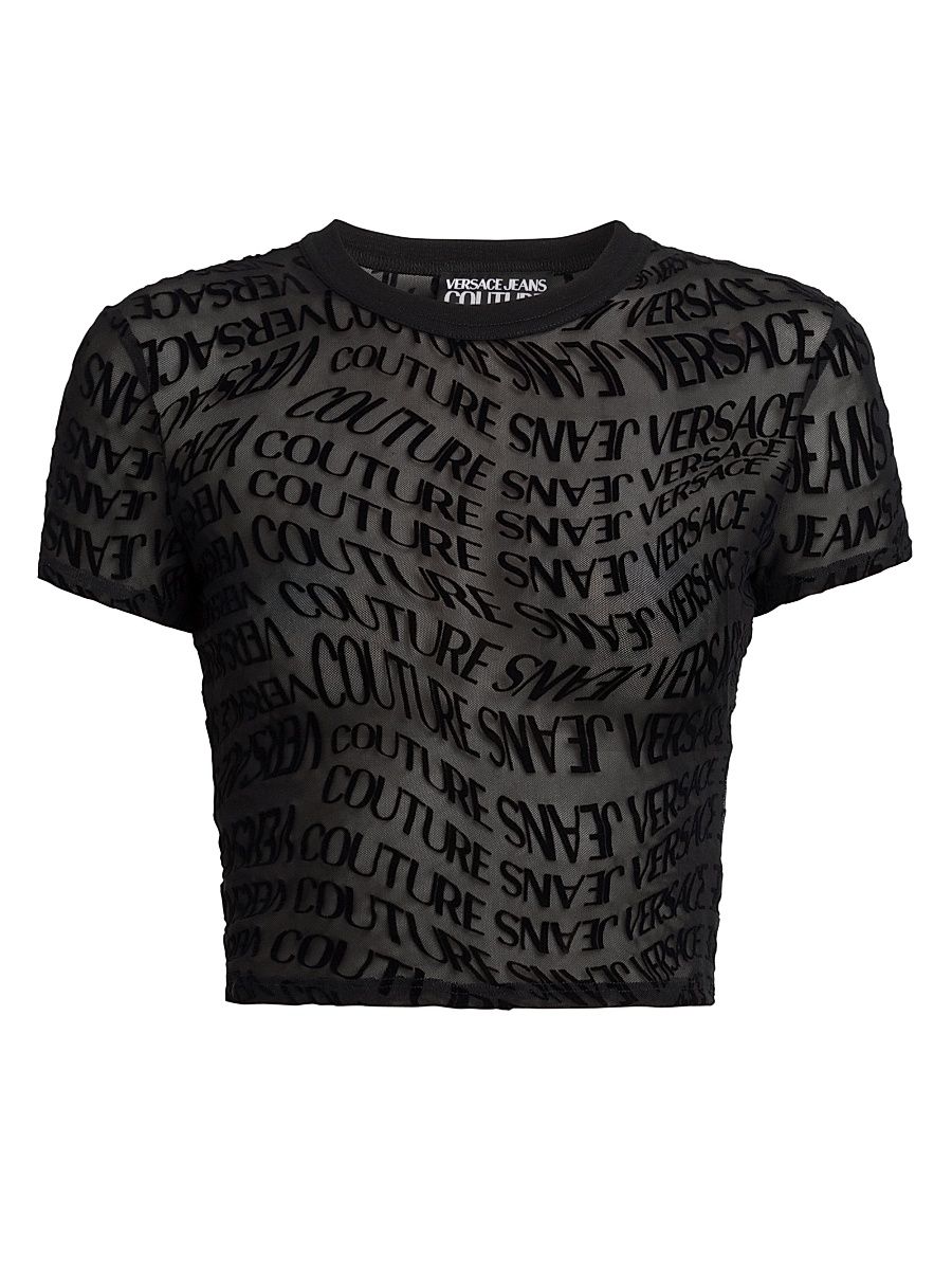 Women's Logo Print Mesh-Cotton T-Shirt - Black - Size XS