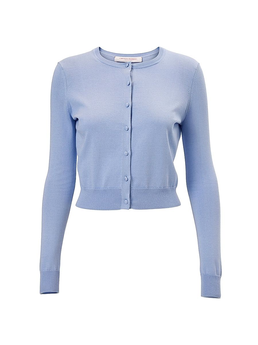Women's Cabana Crewneck Silk-Cotton Long-Sleeve Cardigan - Cloudy Blue - Size XL