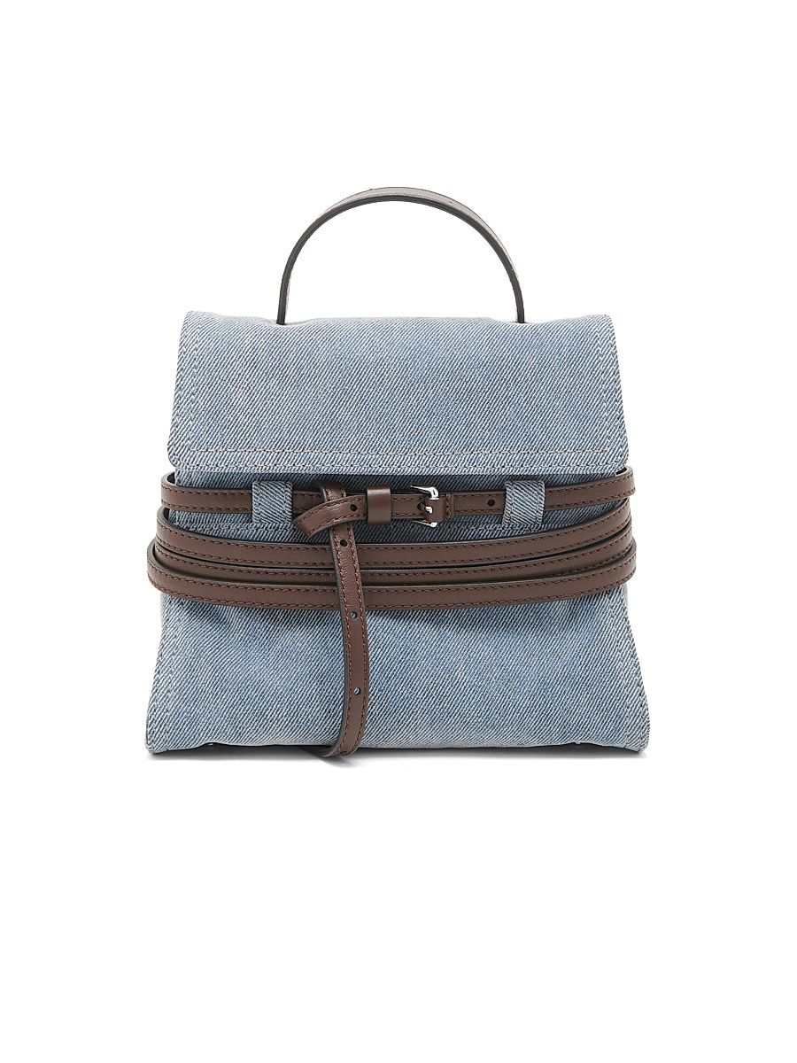 Women's Tie Me Flocked Denim-Leather Satchel - Sky Blue Dark Brown