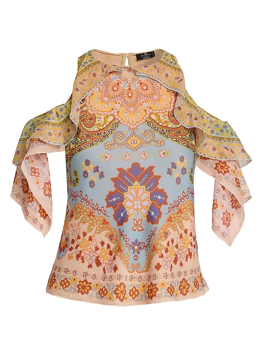 Women's Floral Ruffle Cold-Shoulder Blouse - Printed Azure Base - Size 10