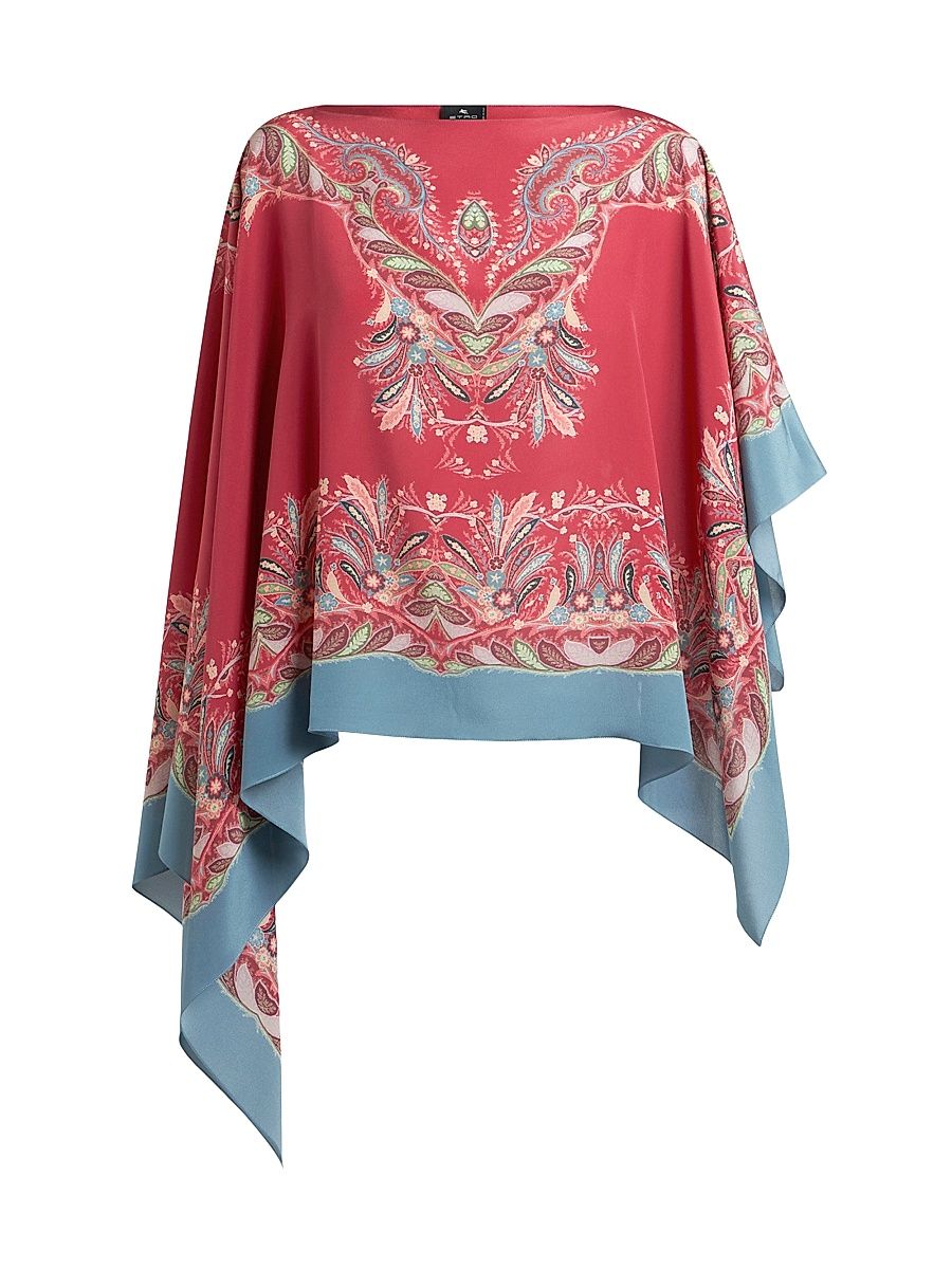 Women's Asymmetrical Paisley Silk Poncho - Red Multi