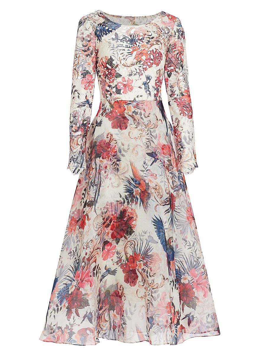 Women's Flared Floral Long-Sleeve Dress - Ivory - Size 4