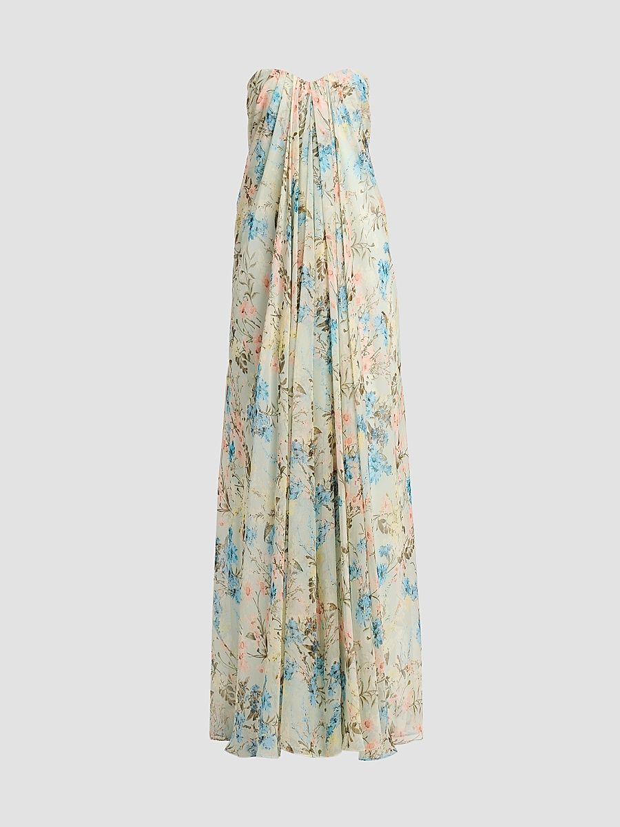 Women's Goddess Floral Draped Bustier Strapless Silk Maxi Dress - Pistacchio Pink - Size 0