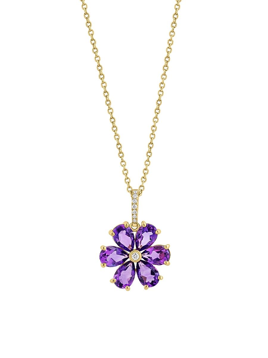 Women's 14K Yellow Gold, Amethyst & 0.03 TCW Diamond Pendant Necklace - Yellow Gold