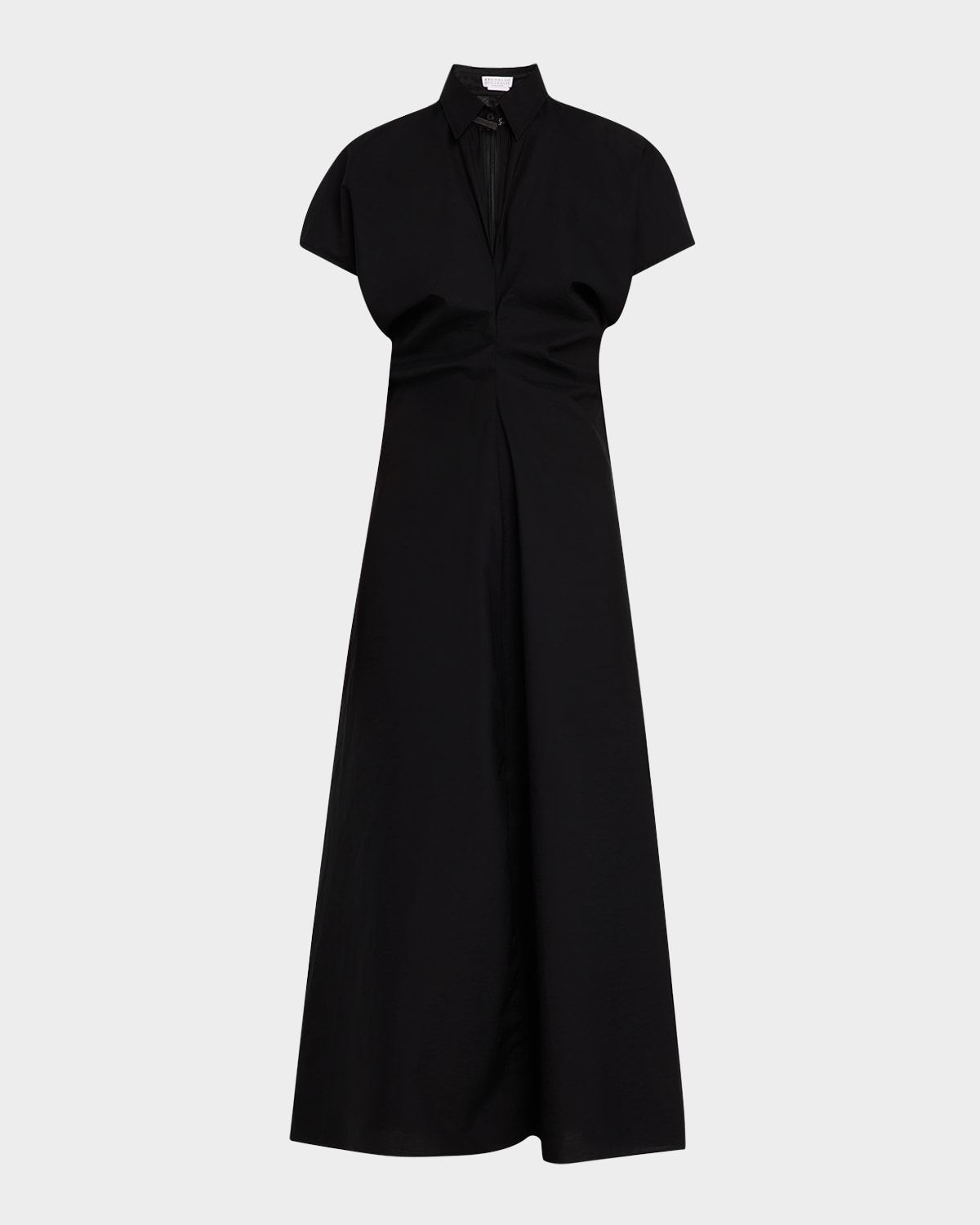 Shirred-Waist Cap-Sleeve Cotton Poplin Maxi Shirtdress With Monili Trim