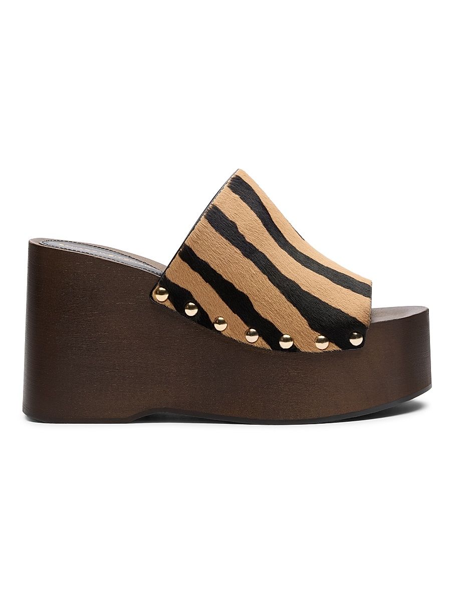 Women's Kate 100MM Zebra-Print Calf Hair Wedge Sandals - Camel Shadow - Size 9.5