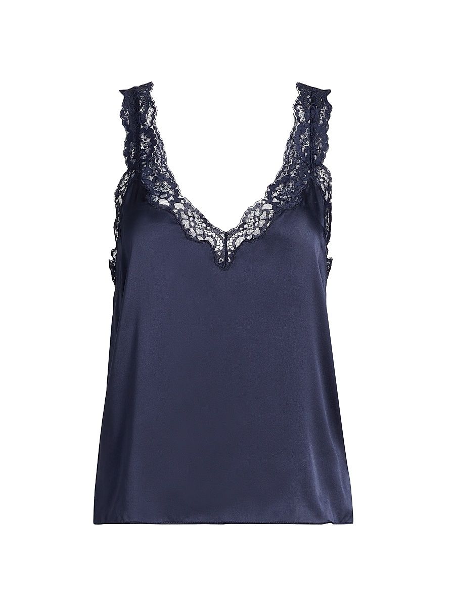 Women's Fernanda Lace-Trimmed Silk Cami - Navy - Size Large
