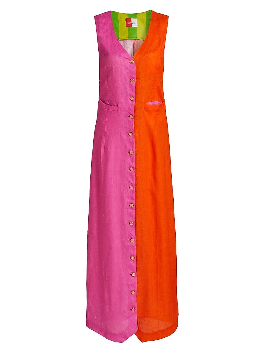 Women's Colorblocked Linen Maxi Dress - Fuchsia - Size Small