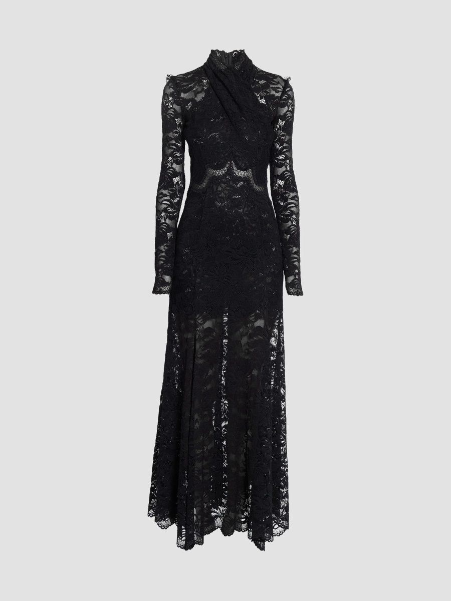 Rabanne Women's Lace Wrap Long-Sleeve Maxi Dress - Black - Size 8