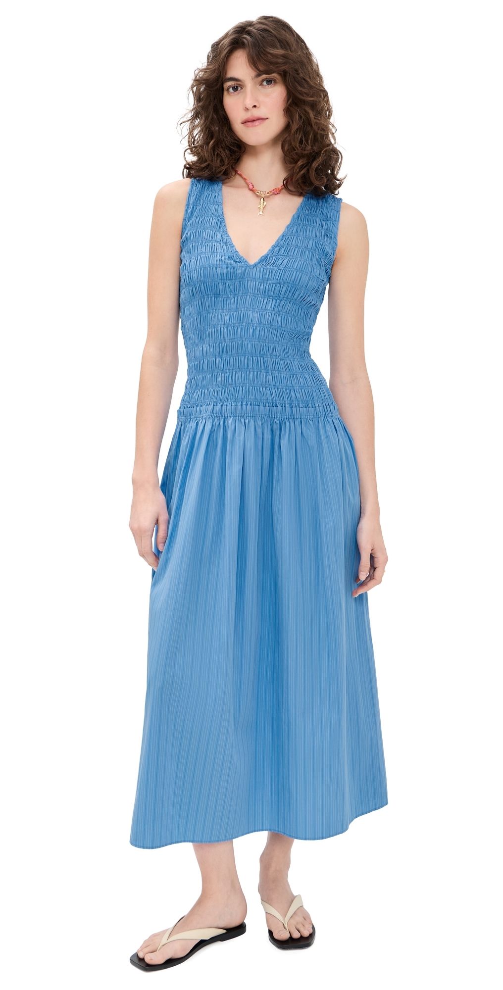 FAITHFULL Palomar Midi Dress Micro Pinstripe/Azul 2