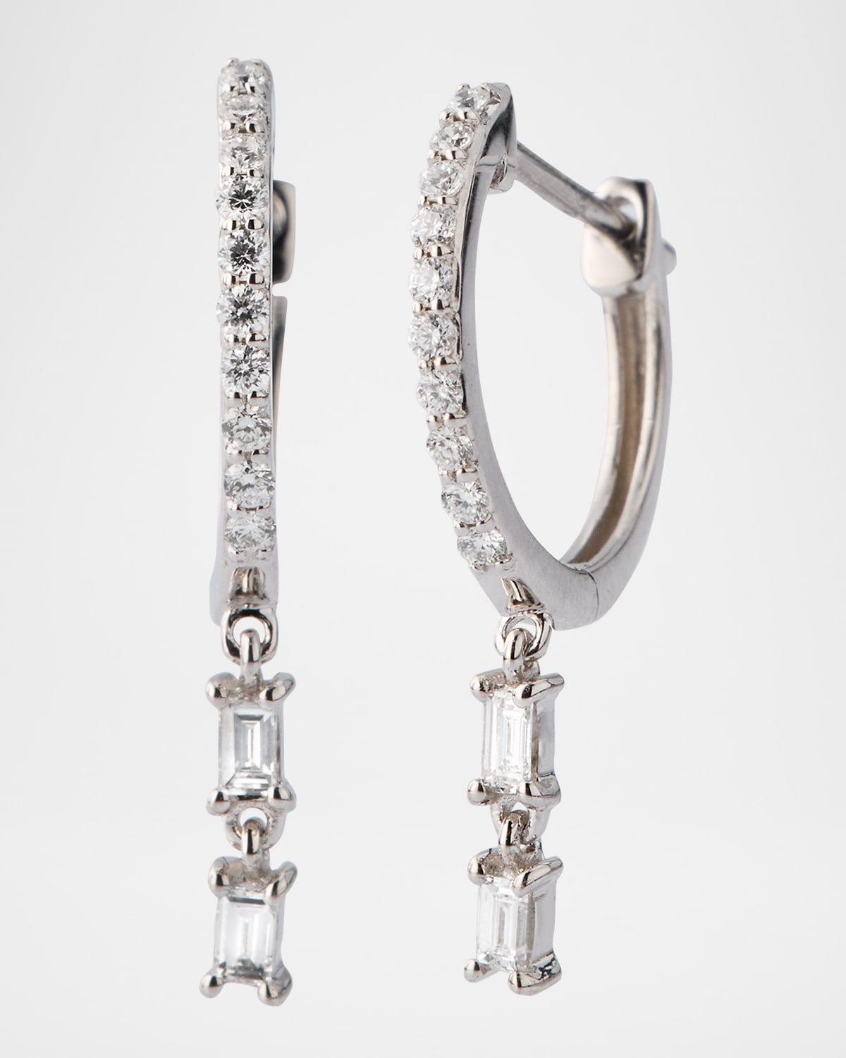 Pave Huggie Earrings with Double Baguette Dangle Diamonds