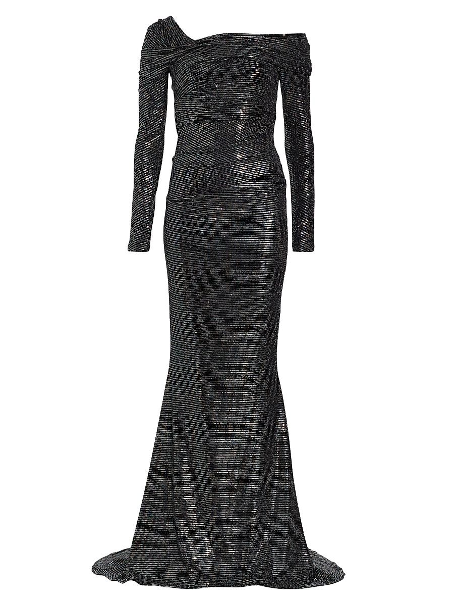 Women's Off-The-Shoulder Sequin Gown - Black - Size 12