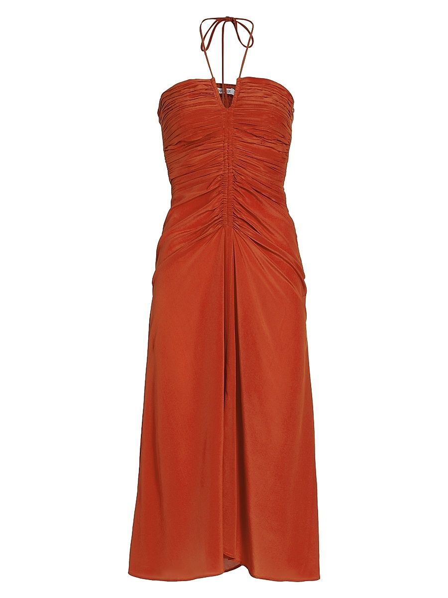 Women's Cachi Toribia Ruched Silk Midi-Dress - Coral - Size Large
