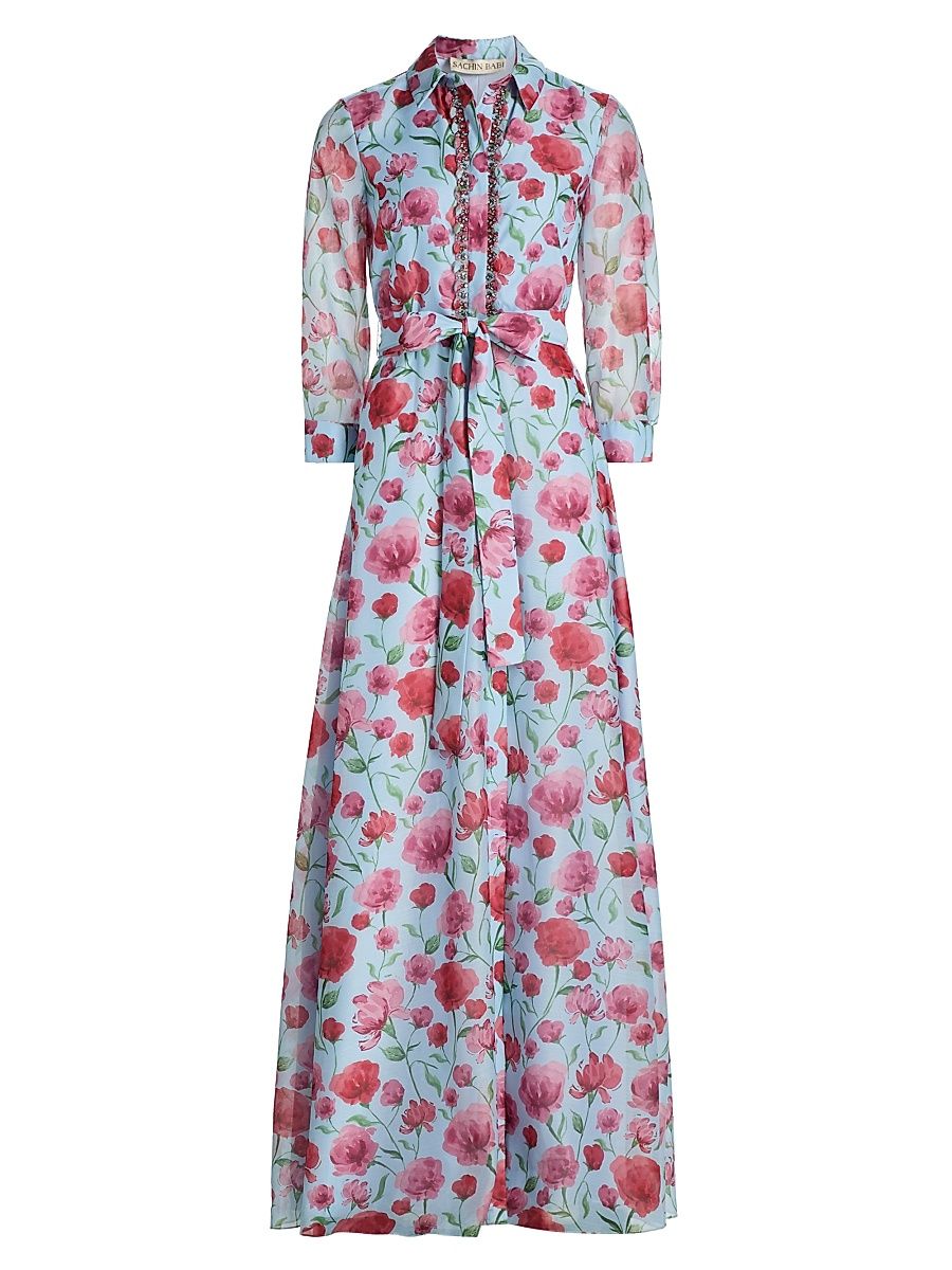 Women's Addison Floral Organza Shirtwaist Gown - Sky Poppies - Size 14