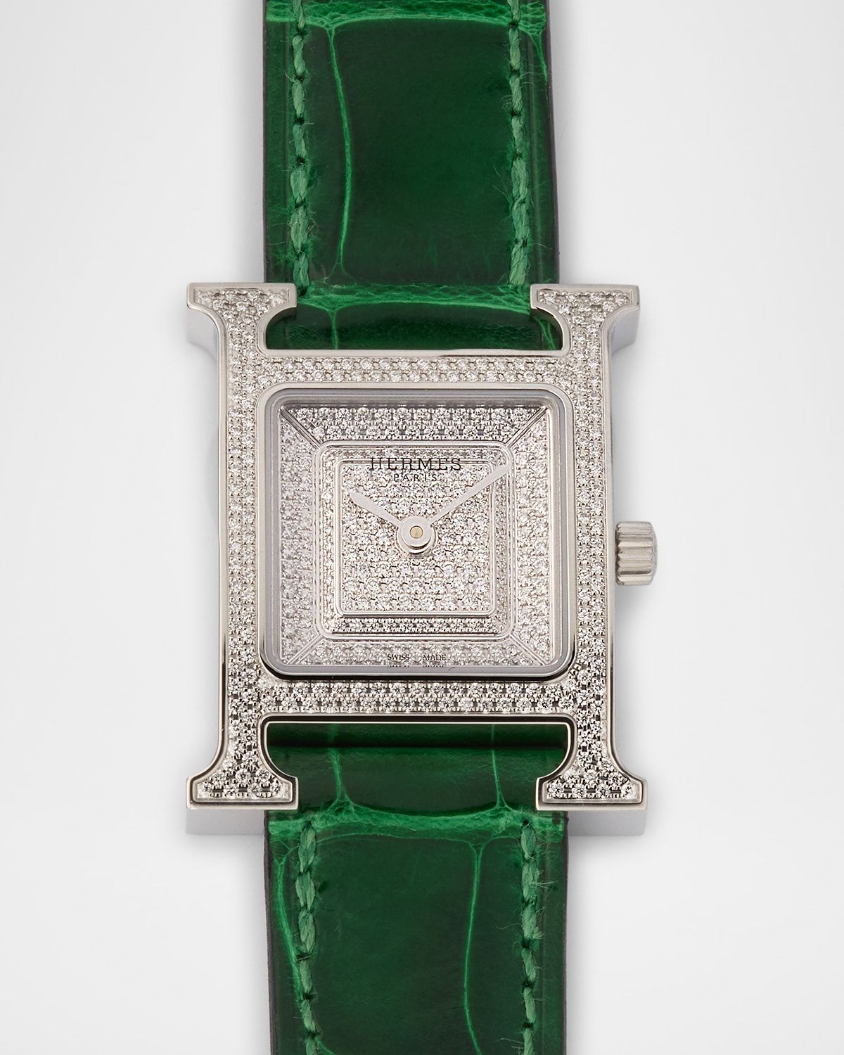 Heure H All Diamond Watch with Green Alligator Strap, 25 mm