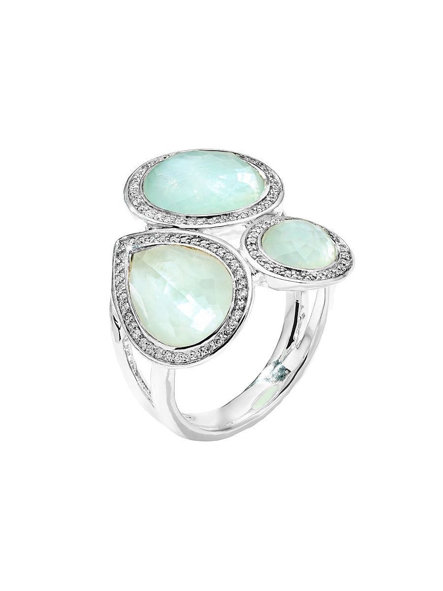 Women's Lollipop 3-Stone Sterling Silver, 0.41 TCW Diamond & Triplet Ring - Amazonite - Size 7