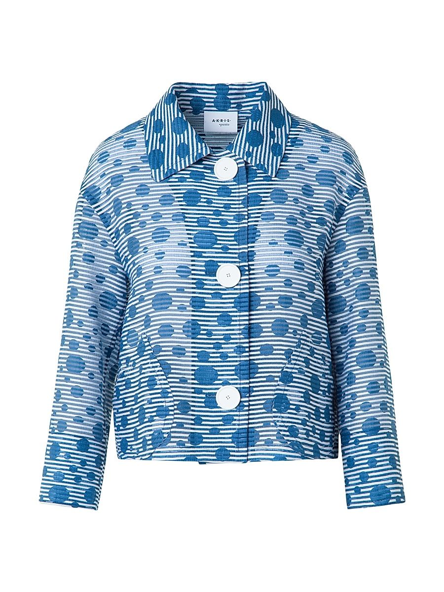 Women's Wool Striped Polka Dot Jacquard Jacket - Cream Medium Blue - Size 16