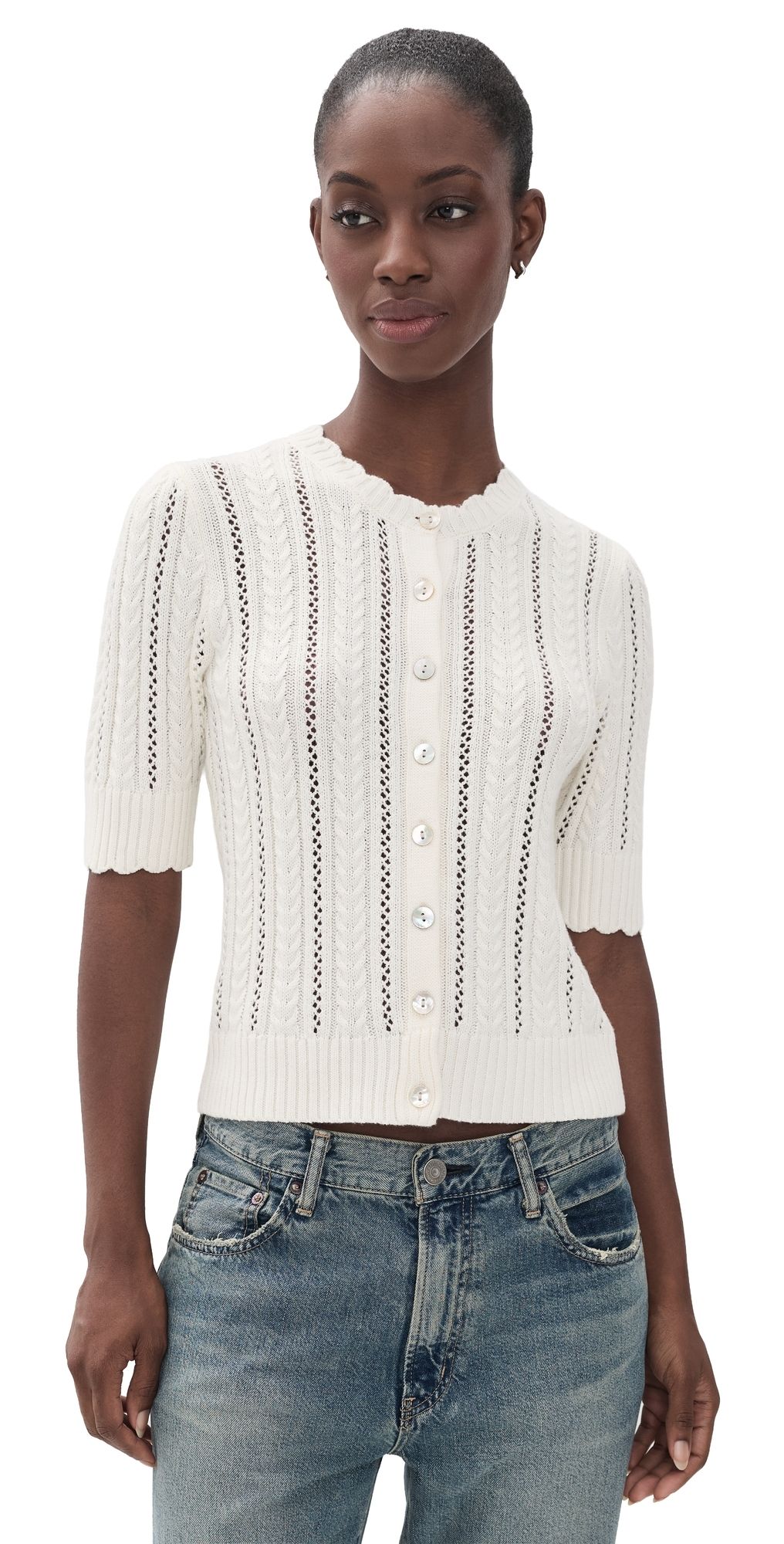 Marea Leah Pointelle Knit Cardigan Ivory L