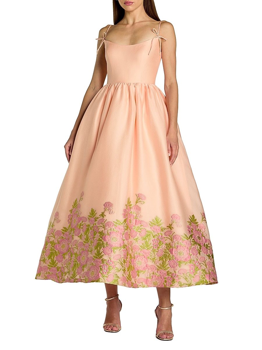 Women's Brocade Organza Bow-Accented Midi-Dress - Pink Multi - Size 2