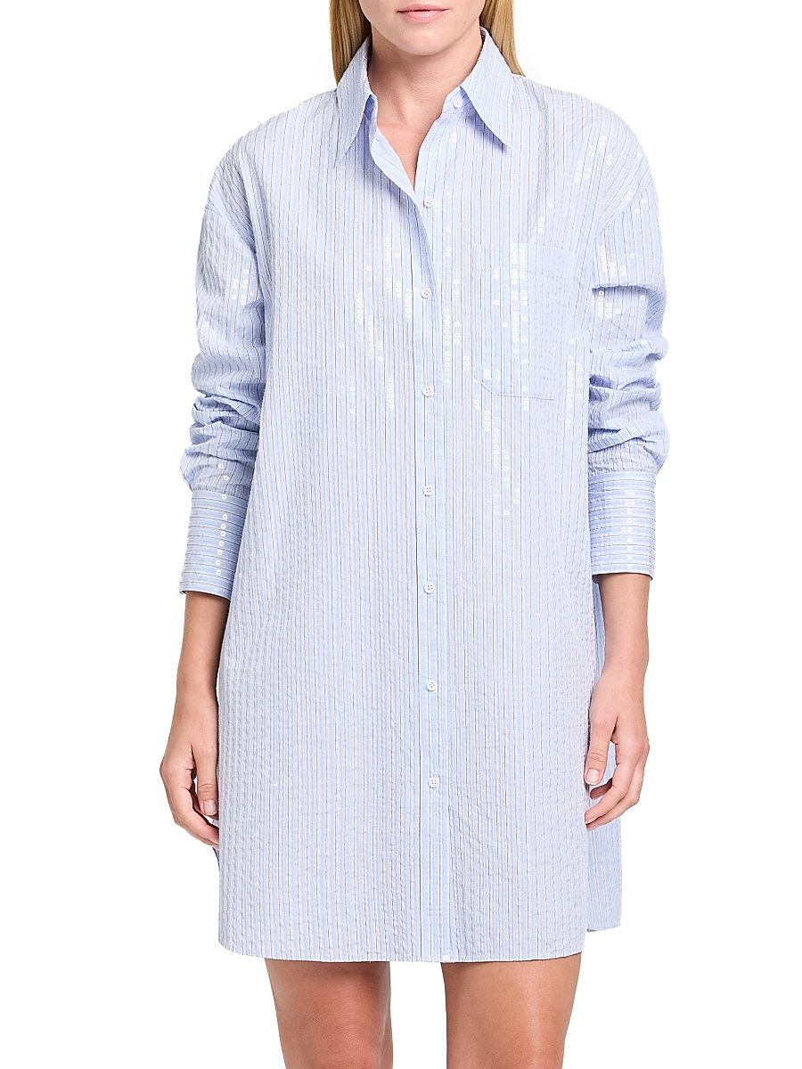 Women's Big Joe Sequined Striped Mini-Shirtdress - Blue Midnight - Size Large