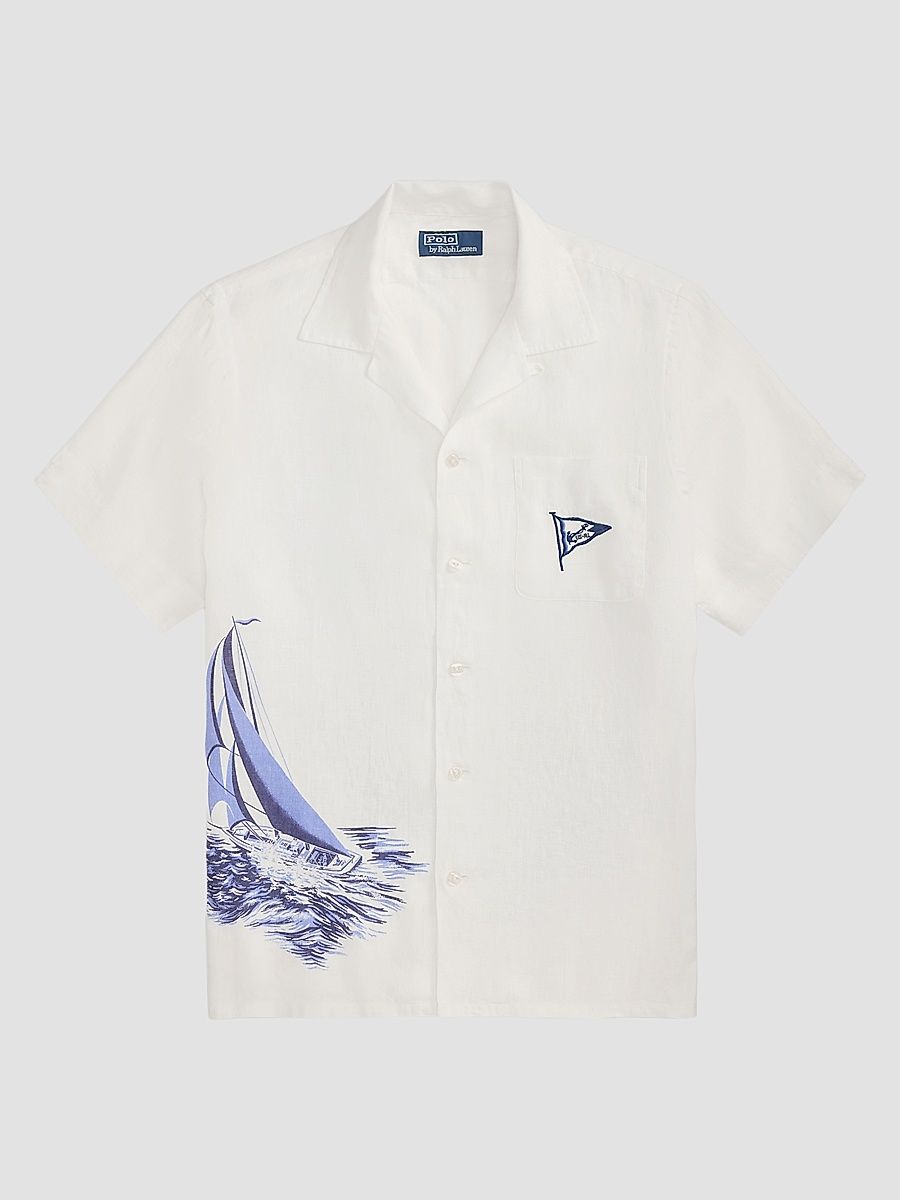 Men's Classic-Fit Nautical Linen Camp Shirt - Vintage Nautical Sail - Size XXL