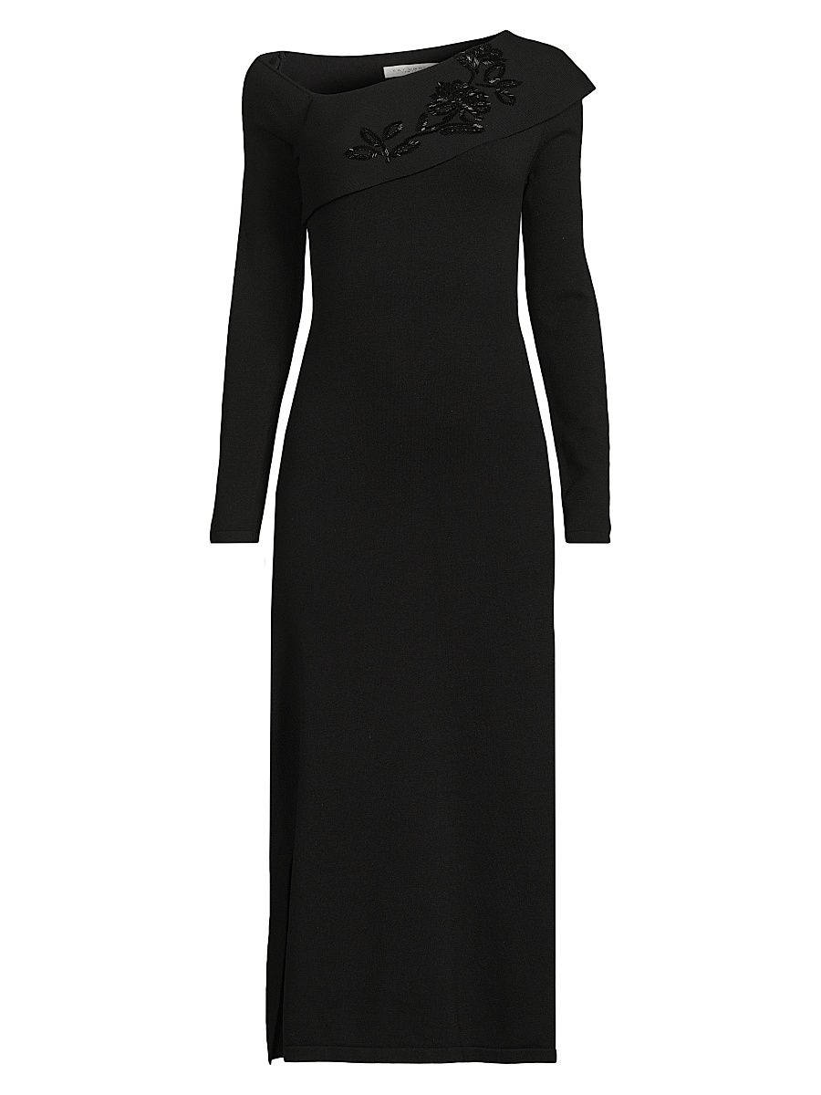 Women's Asymmetric Beaded Midi-Dress - Black - Size Small