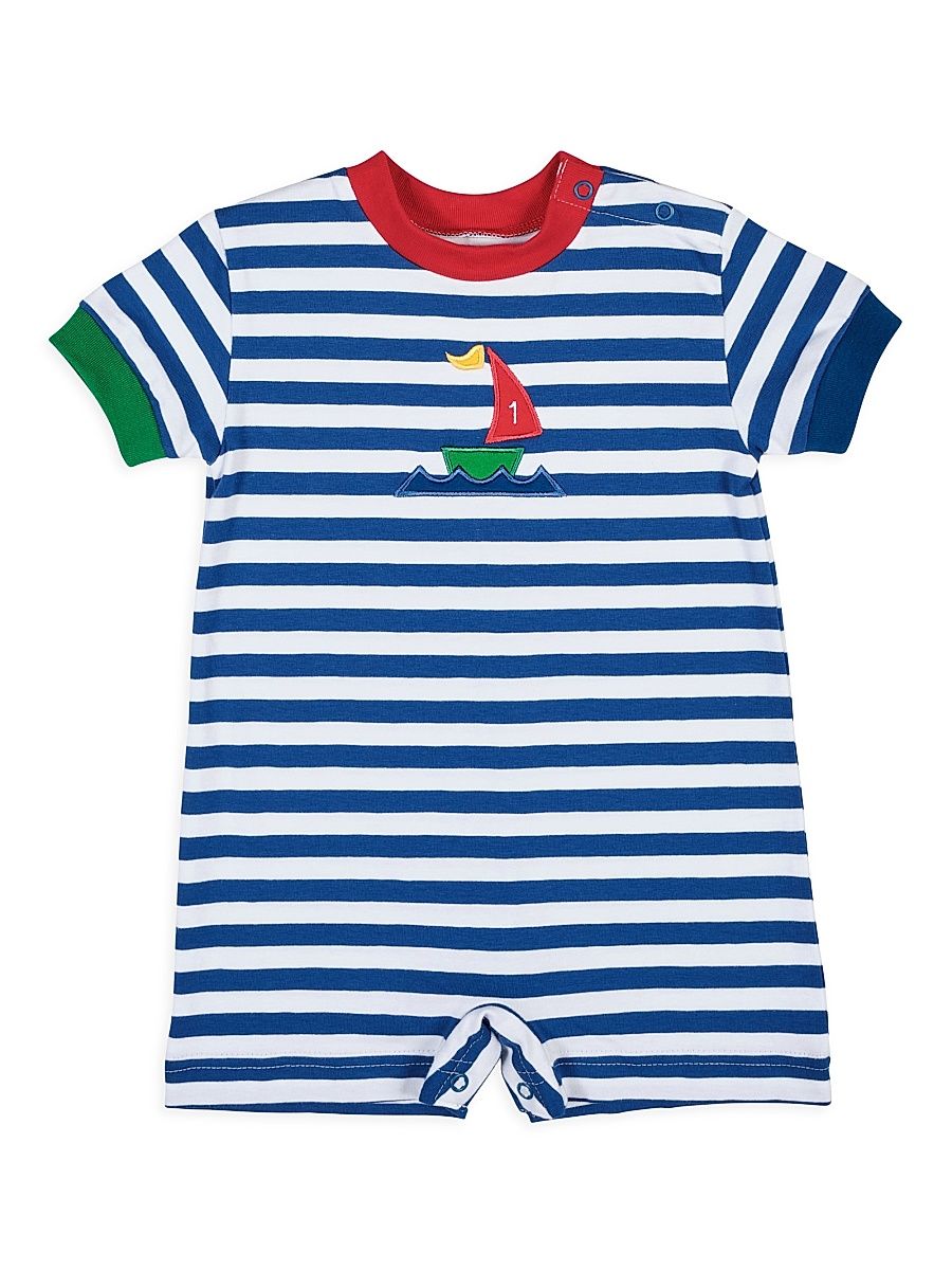Baby Boy's Embroidered Striped Stretch-Cotton Shortall - Royal - Size 24 Months