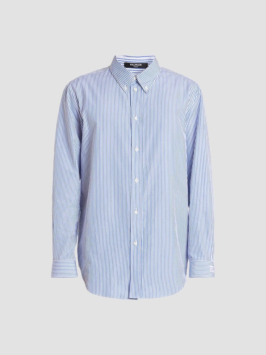 Balmain Men's Pinstriped Cotton Poplin Button-Front Shirt - Bleu Blanc - Size 16