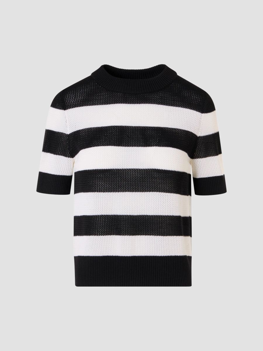 Akris punto Women's Striped Virgin-Wool Short-Sleeve Sweater - Black Cream - Size 16
