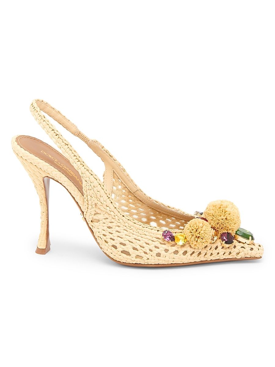 Women's Flower-Detailed Woven Slingback Pumps - Natural Multicolor - Size 9.5