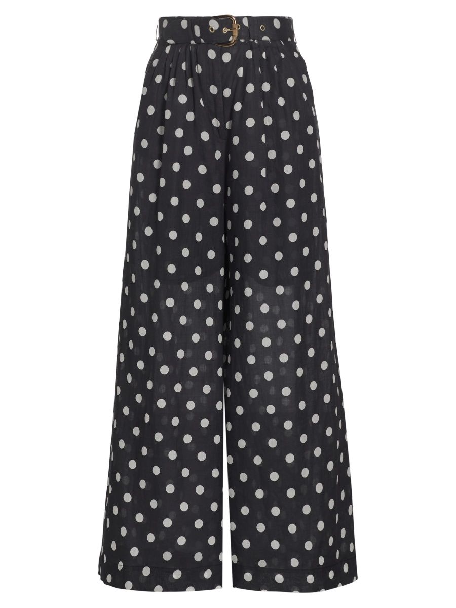 Zimmermann Women's Tuck Belted Polka Dot Wide-Leg Pant - Black Cream Dot - Size 2