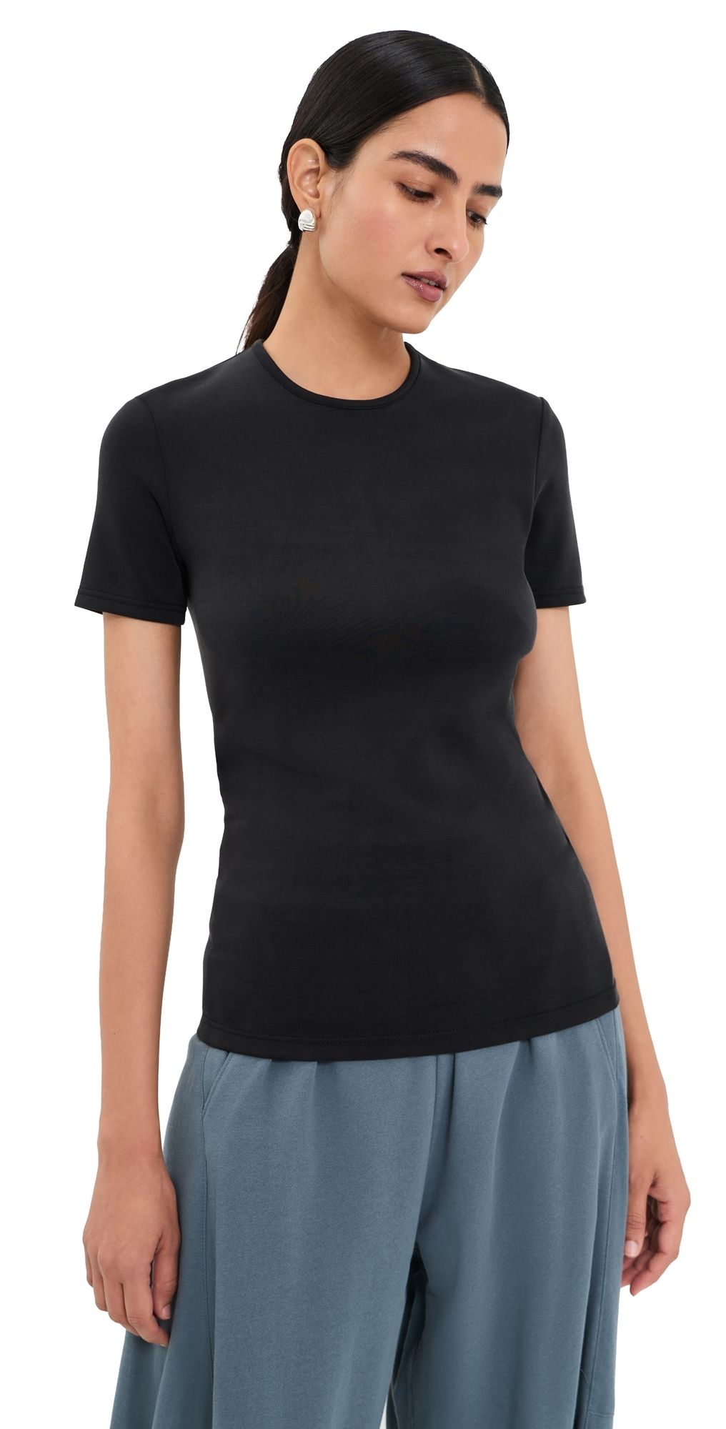 Tibi Feather Weight Viscose Neoprene Short Sleeve Tee Black S