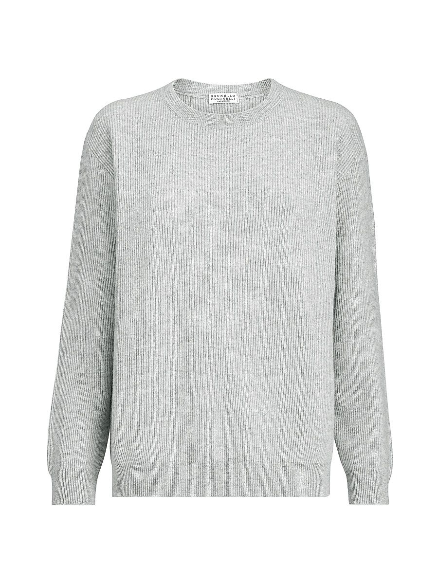 Women's Cashmere English Rib Sweater with Monili - Light Grey - Size XXXL