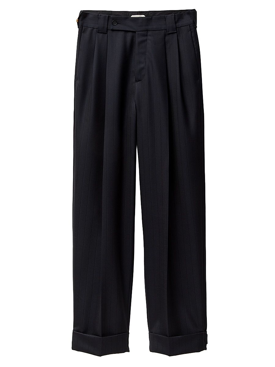 Men's Pinstriped Virgin Wool Pants - Dark Navy Black - Size 36