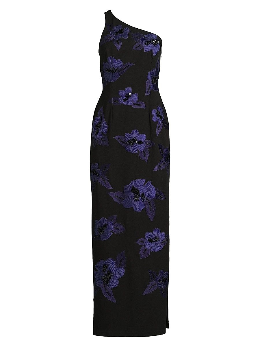 Women's Floral One-Shoulder Column Gown - Blue Multi - Size 14