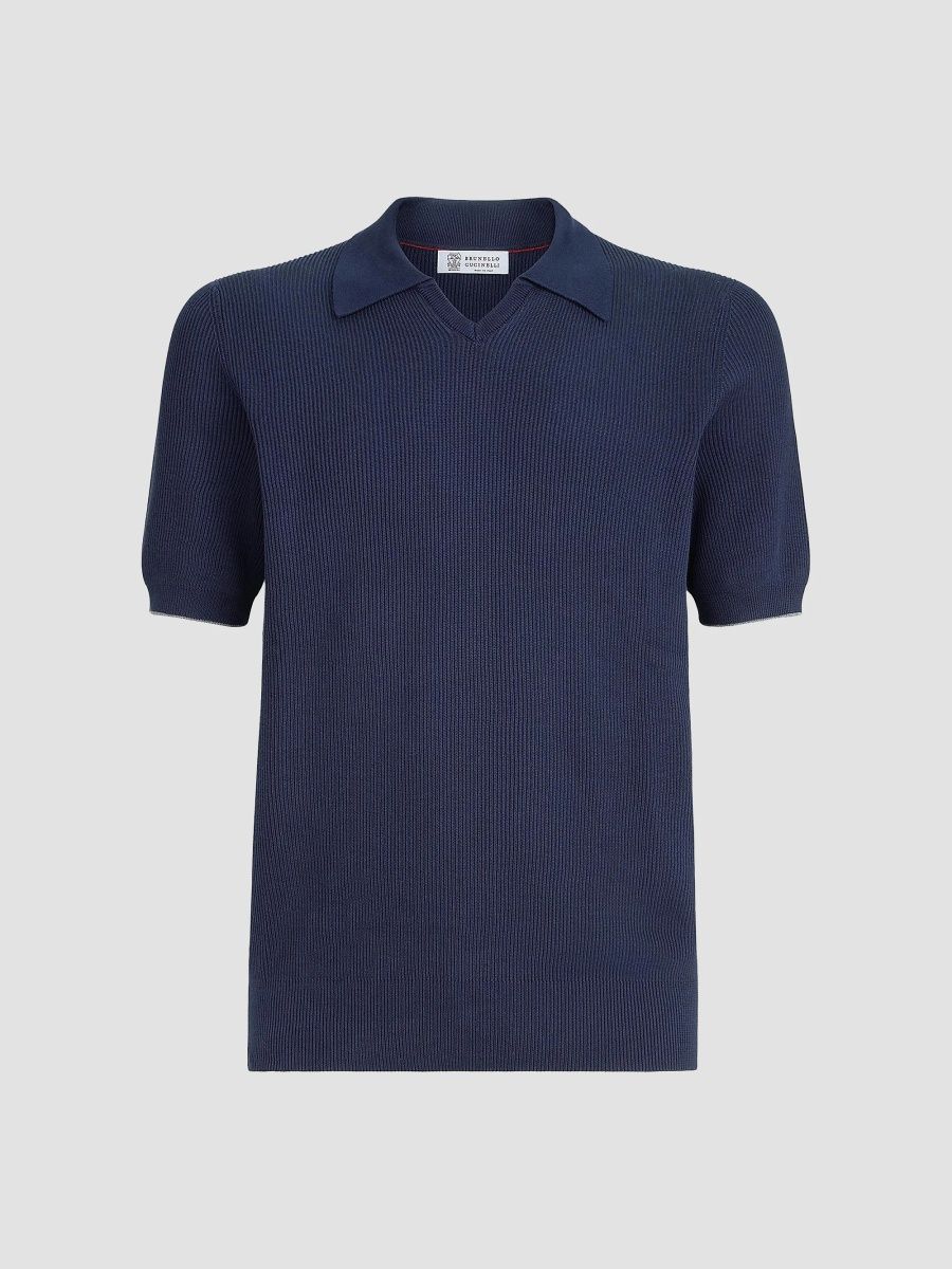 Brunello Cucinelli Men's Cotton English Rib Knit Polo Shirt - Sky Blue - Size 38