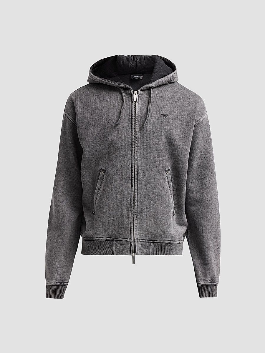 Men's Washed Cotton Full-Zip Hoodie - Solid Black - Size Medium
