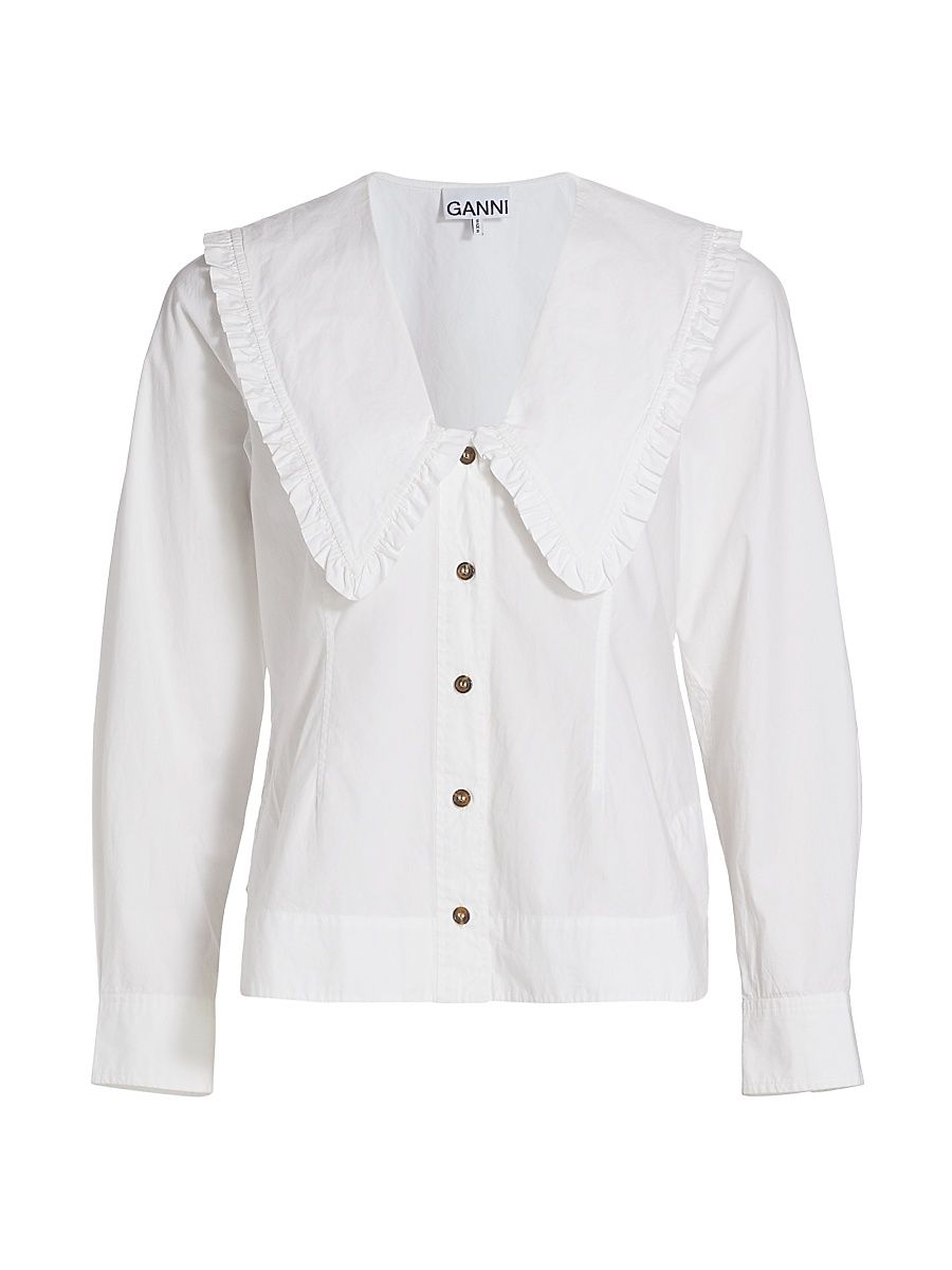 Women's Wide Ruffle-Trimmed Collar Cotton Poplin Shirt - Bright White - Size 10