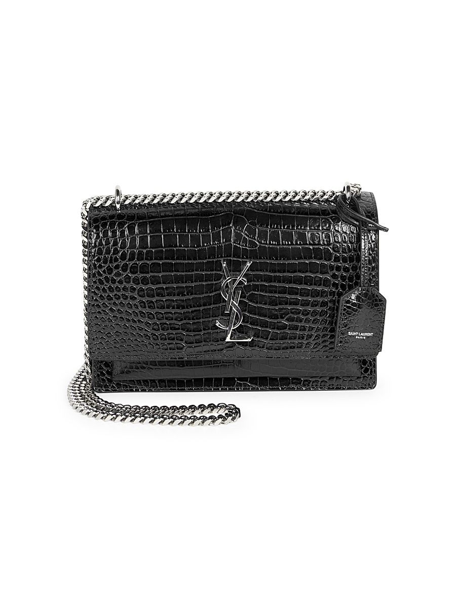 Women's Medium Sunset Croc-Embossed Leather Shoulder Bag - Black