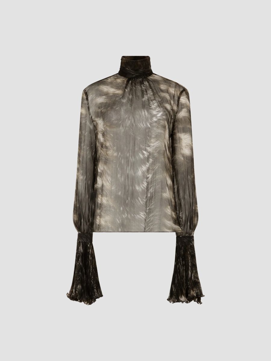 Roberto Cavalli Women's Printed Sheer Silk Blouse - Black Beige - Size 14