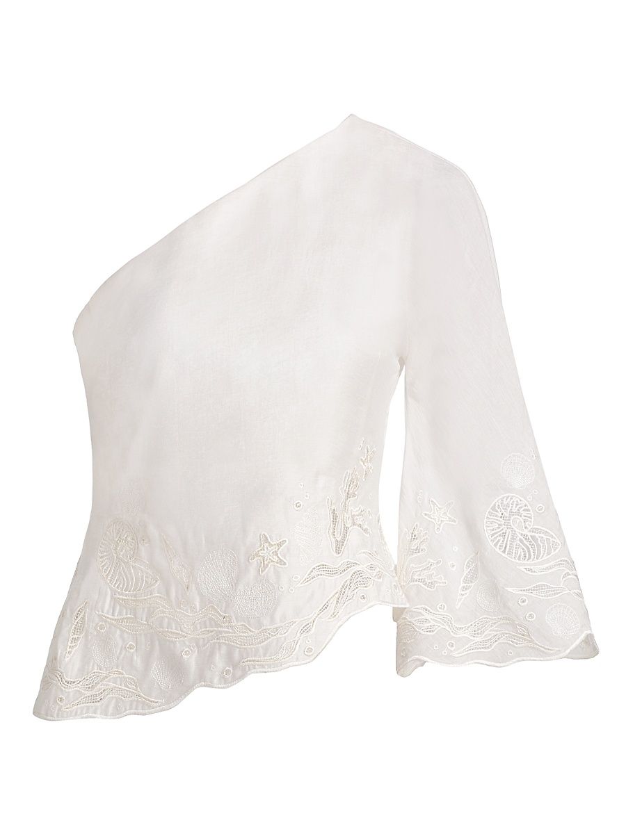 Women's Olive Embroidered One-Shoulder Top - Seed Pearl - Size 12