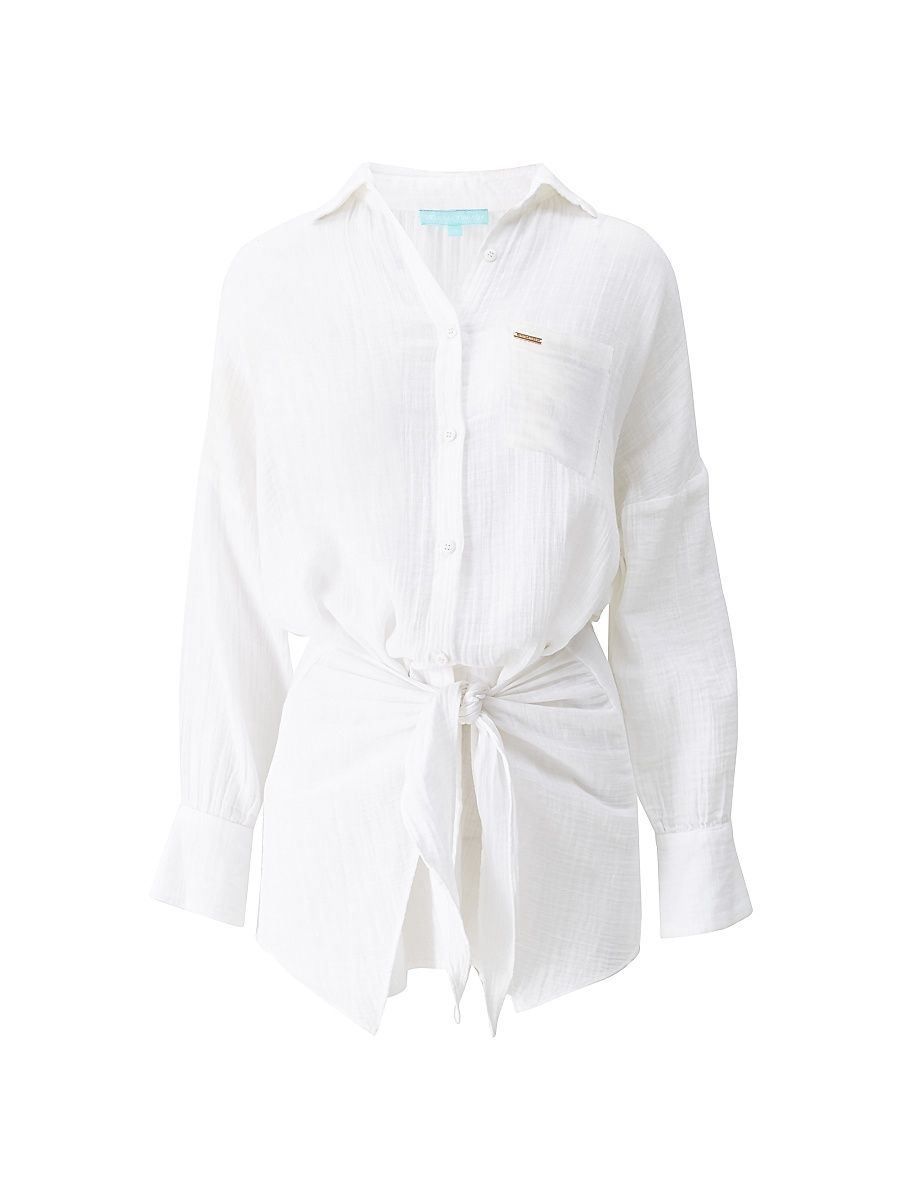 Women's Sara Cotton Tie-Waist Mini-Shirtdress - White - Size Small