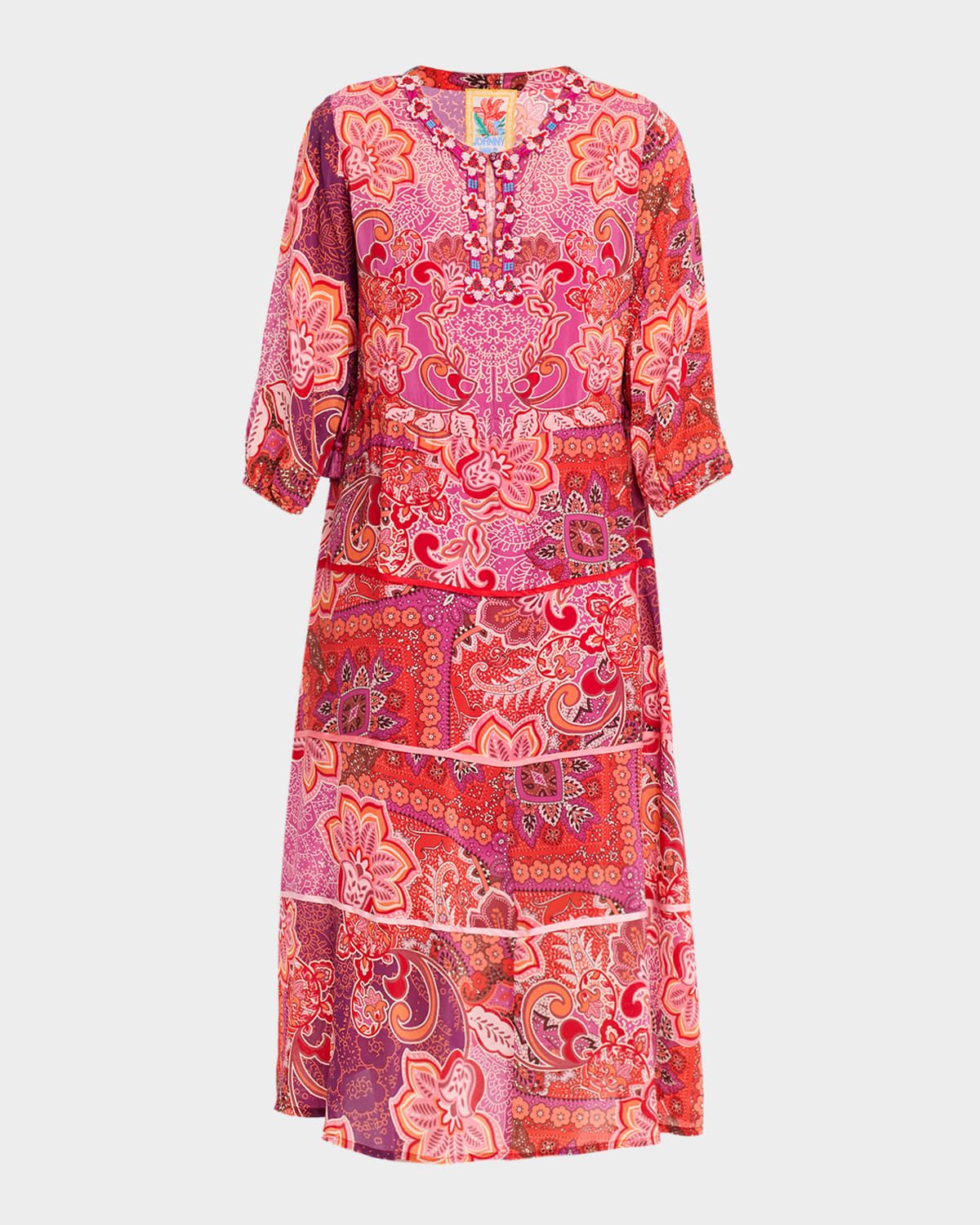 Beaded Floral-Print Midi Dress