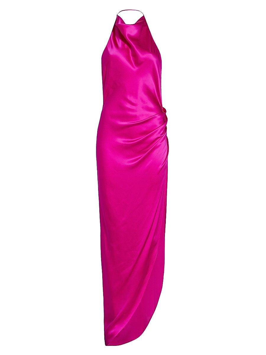 Women's Elektra Gathered Silk Halter Gown - Dark Hot Pink - Size Large